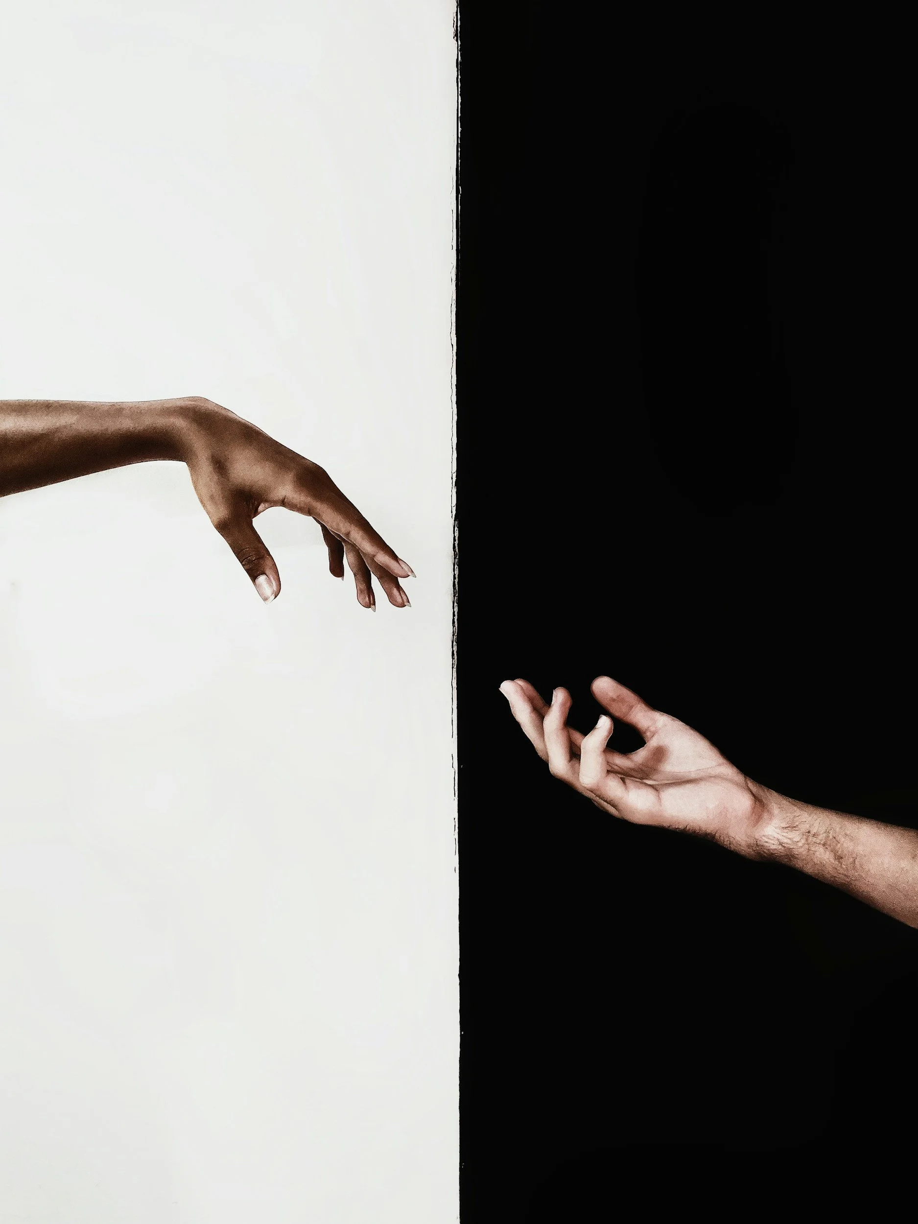 Side view of two hands reaching towards each other, one emerging from a white background and the other from a black background.