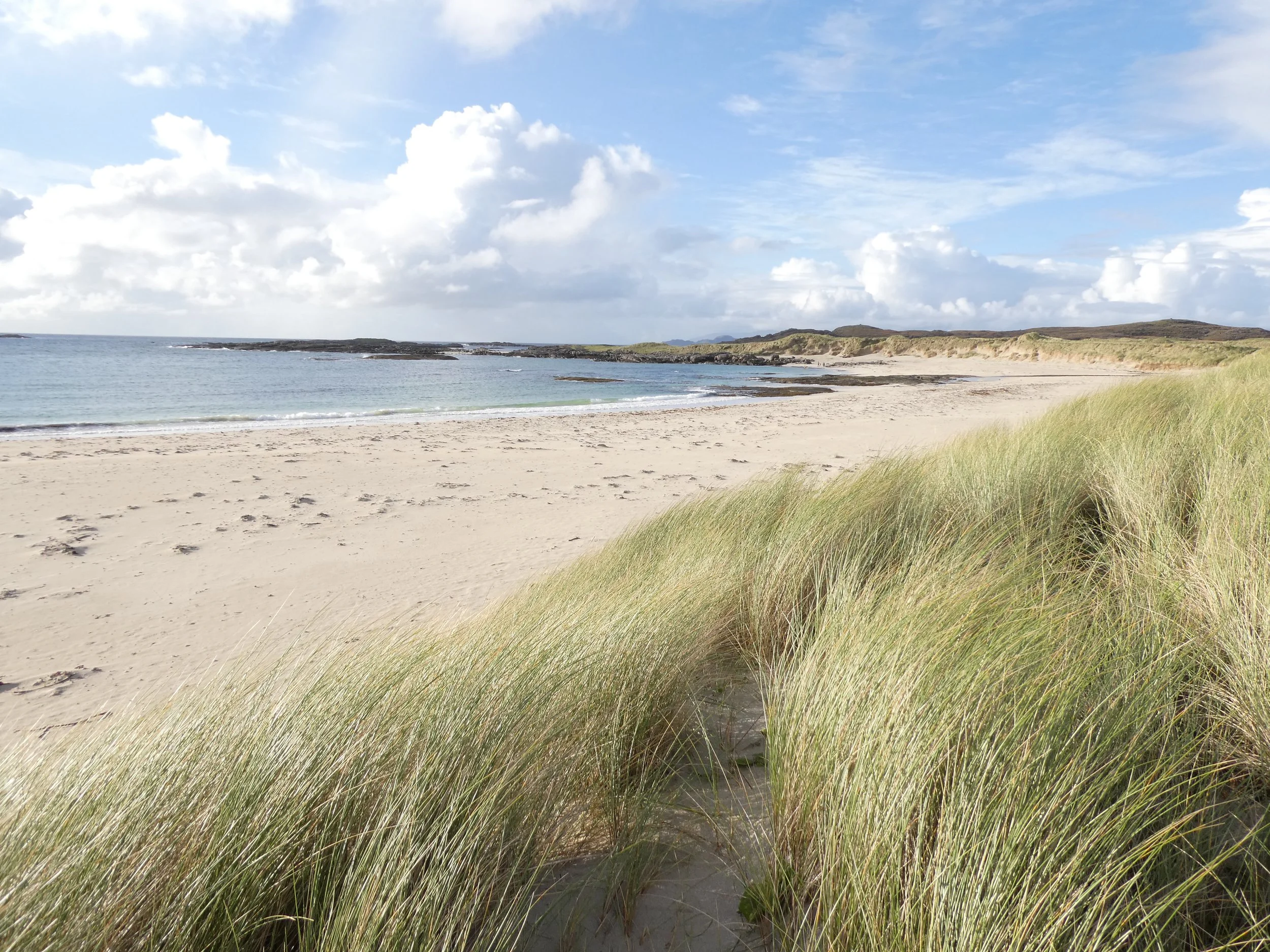 A sandy beach with green grass in the foreground, calm ocean waters, rocky formations, and grassy dunes under a partly cloudy sky.