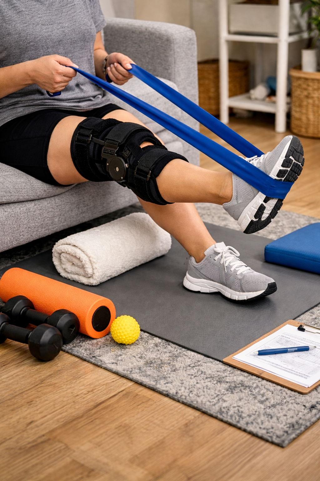 Person post surgery wearing a knee brace using resistance bands for physical therapy at home with exercise equipment nearby.