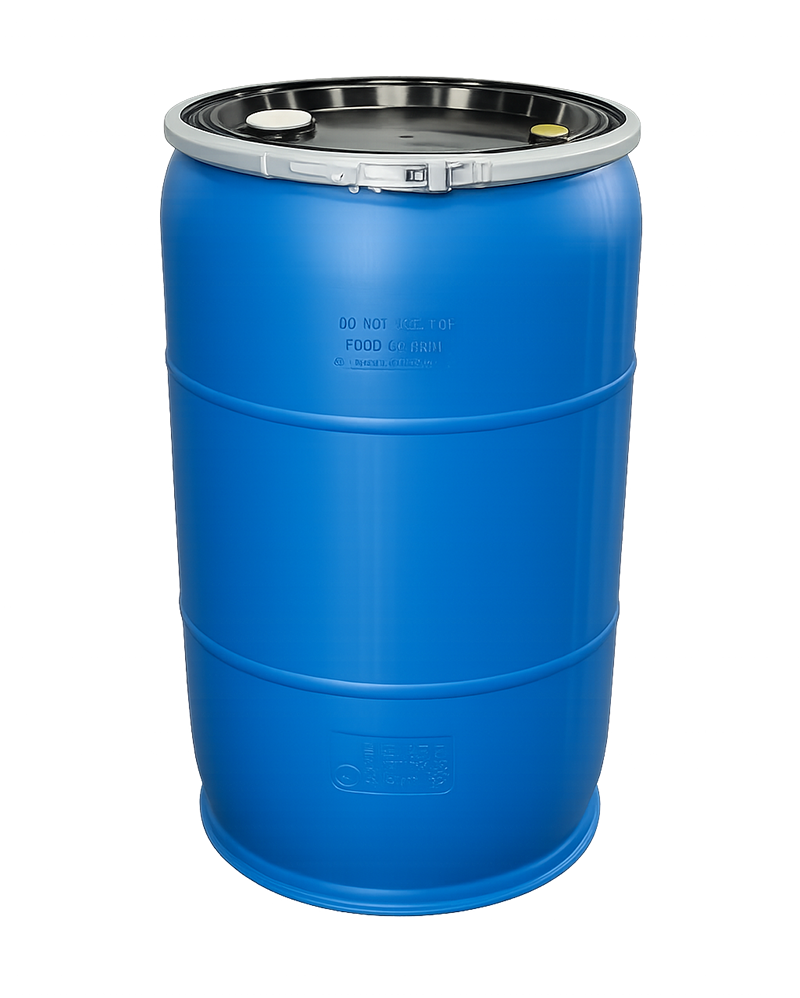 A blue plastic barrel with a sealed lid, used for storing and transporting liquids.