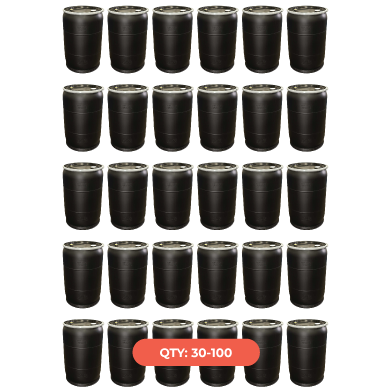 Multiple black coffee cups arranged in rows with a label indicating a quantity of 30 to 100.