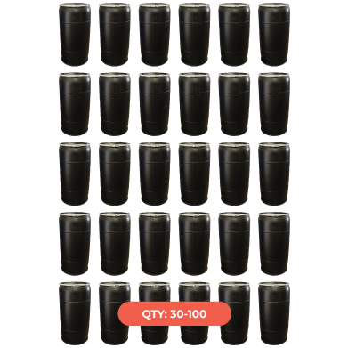 A grid of 28 black cans arranged in five rows, with a red label at the bottom center indicating quantity range 30-100.
