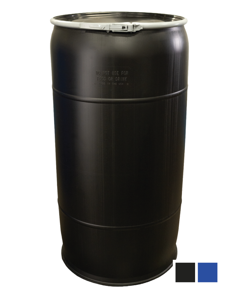 Image of a large black metal barrel with a silver top. The barrel has a warning inscription that says not to use it for food or drink.