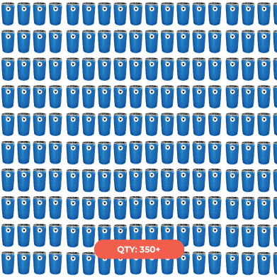 A collection of blue plastic cups stacked together with a red label indicating a quantity of 350 or more.