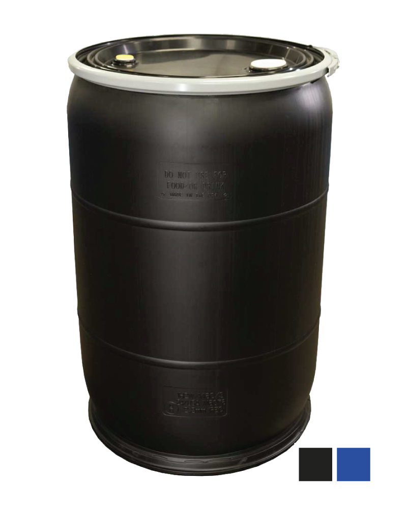 A black plastic barrel with a white lid, used for storing liquids, with safety warnings embossed on its surface.
