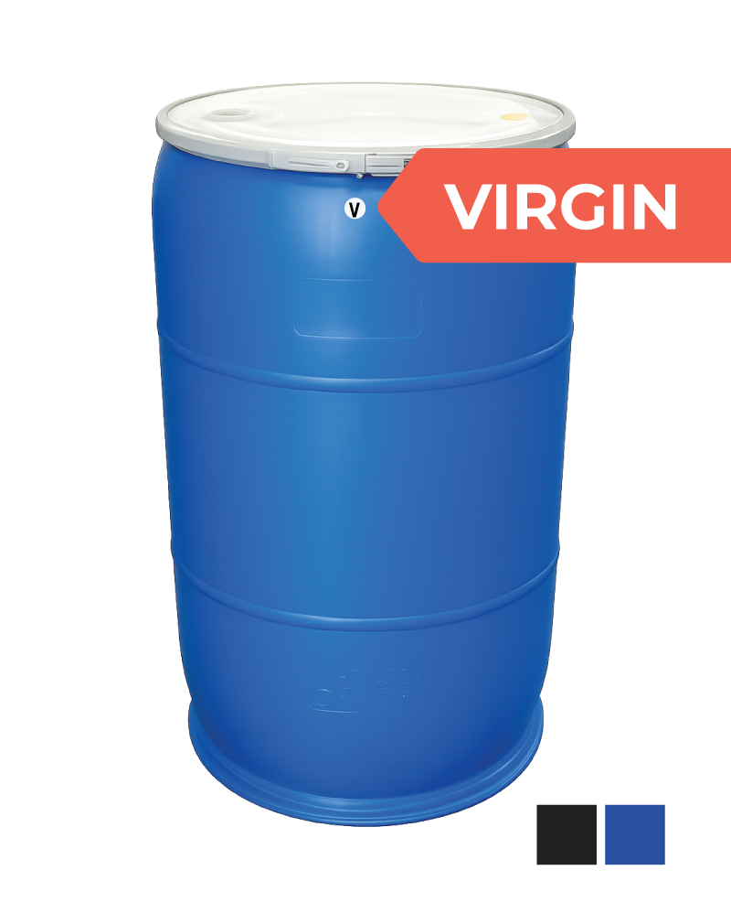 Large blue plastic barrel with a white lid and a red label that says 'VIRGIN'.