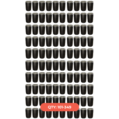 A grid of 49 black cups arranged in seven rows of seven. A red label at the bottom indicates a quantity range of 101 to 349.