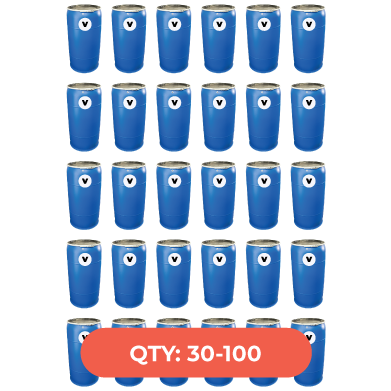 Multiple blue soda cans arranged in rows, with a label at the bottom indicating quantity ranges from 30 to 100.