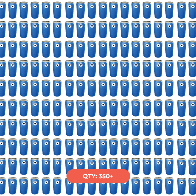 Wall of blue plastic trash bins with white lids, labeled with a red tag indicating over 350 units.