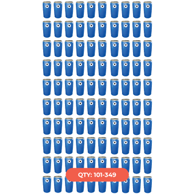 A collection of blue disposable cups arranged in rows with a label indicating quantity between 101 and 349.