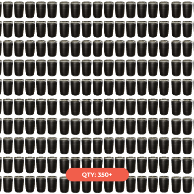 A large collection of black disposable cups arranged in rows and columns with a red label showing a quantity of 350+.