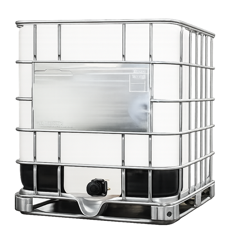 A large, industrial-looking silver container with a metal frame, a lock, and a label on the side, used for storing or transporting liquids or gases.