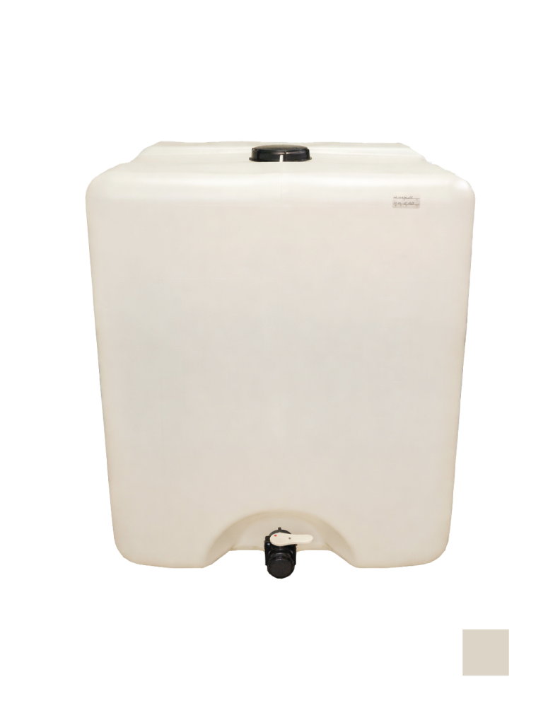 White plastic water storage tank with a black lid on top and a spigot at the bottom.