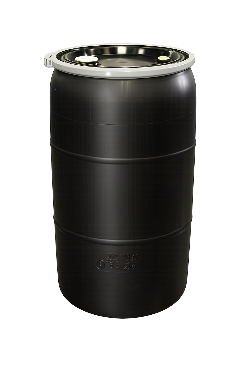 A black industrial barrel with a metal lid and two white plastic caps on top, standing against a plain background.