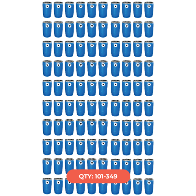 A collection of blue disposable cups arranged in multiple rows and columns with a label indicating quantity 101 to 349.