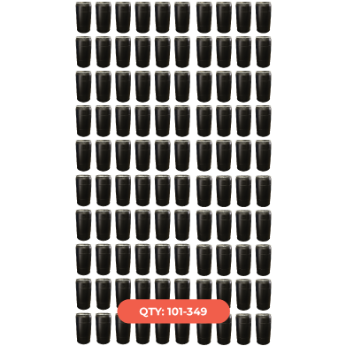 A large collection of black shot glasses arranged in rows, with a red label at the bottom indicating quantities from 101 to 349.