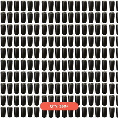 A display of numerous black cups or containers arranged in a grid pattern with a label indicating a quantity of 350+