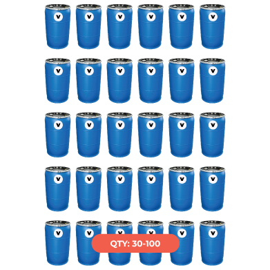 A grid of 24 blue aluminum cans arranged in 4 rows and 6 columns, with a red label at the bottom center reading 'QTY: 30-100'.