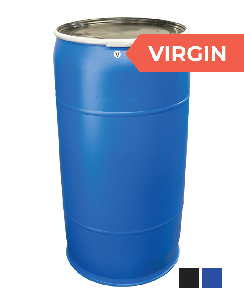 Blue industrial barrel with a silver lid, labeled with a red tag that says "VIRGIN".