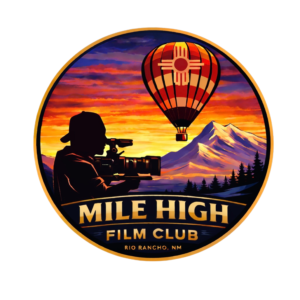 A logo for the Mile High Film Club in Rio Rancho, New Mexico, featuring a silhouette of a person with a camera, a mountain landscape, a colorful hot air balloon, and a sunset sky.