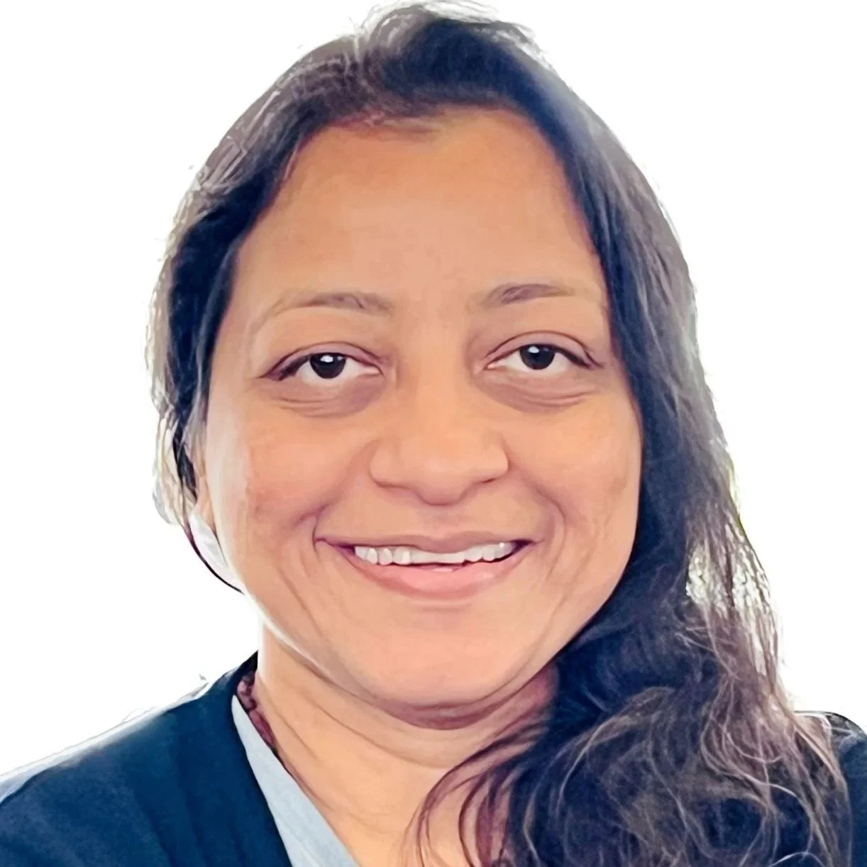 Close-up of a smiling woman with dark brown hair, wearing a dark jacket and light-colored shirt, against a plain white background.
