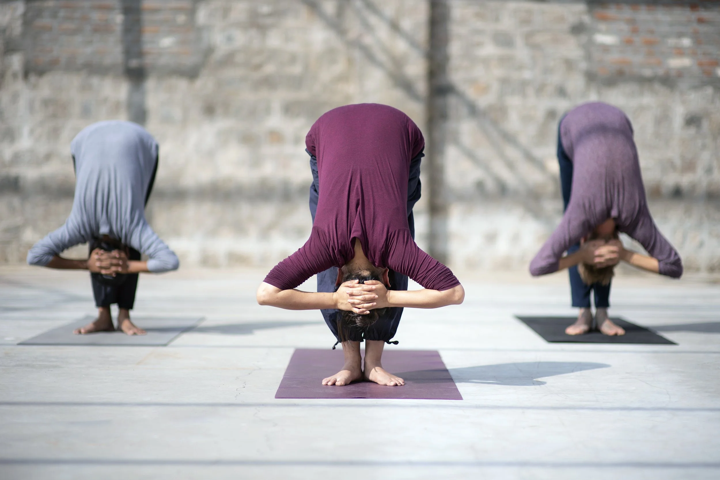 Three people practicing yoga outdoors, performing a forward bend pose with hands clasped behind their heads on yoga mats, with a brick wall in the background.