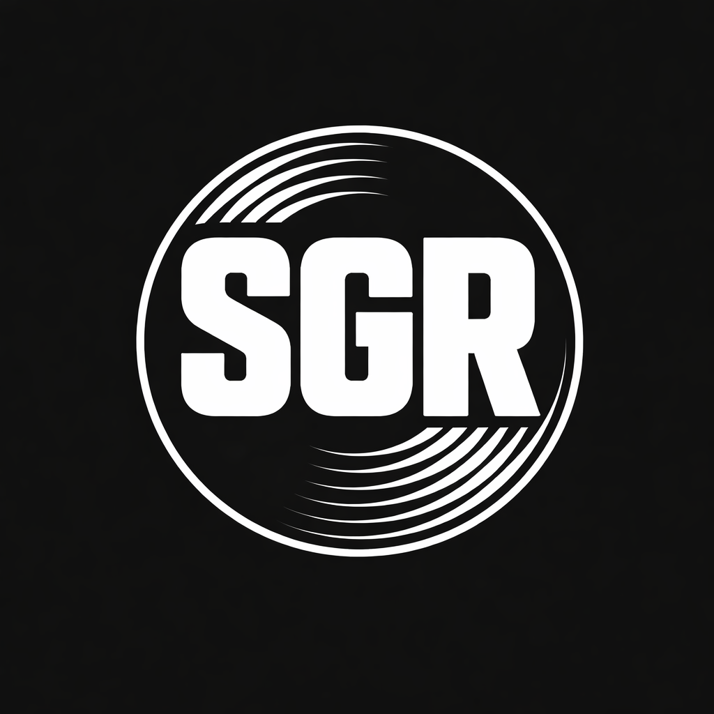 Black background with a white circular logo containing the capital letters 'SGR' and curved lines above and below the letters.
