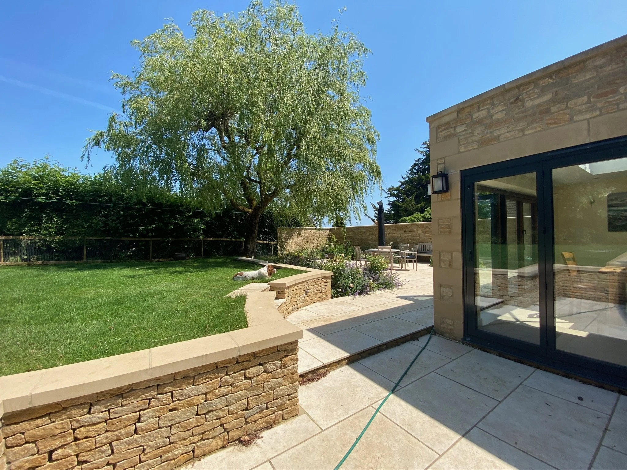 A backyard with a large green tree, a grassy lawn, a dog lying on the grass, a patio with outdoor furniture, and a house with a sliding glass door and stone exterior under a clear blue sky.