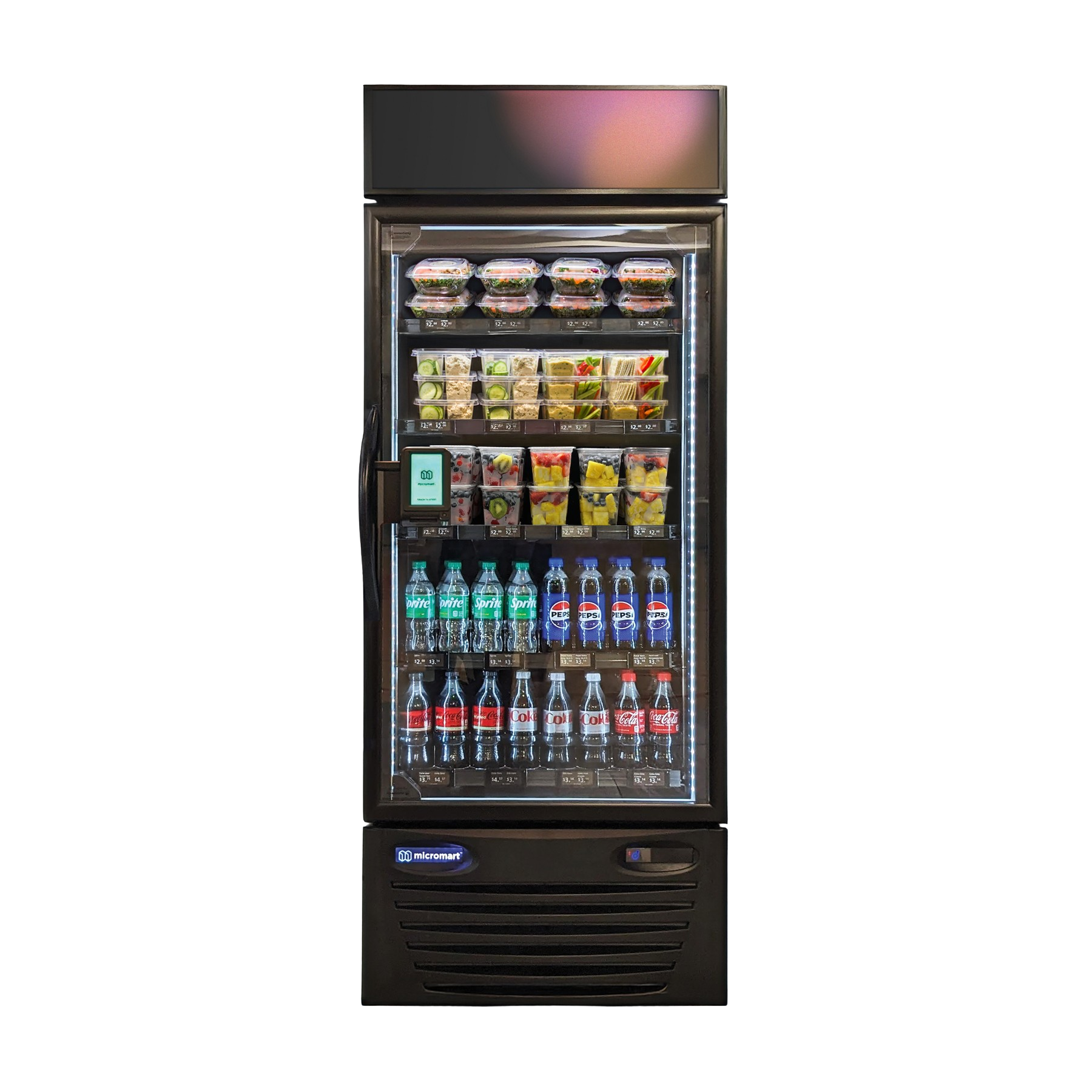 Vending machine stocked with bottled sodas, bottled water, and fresh pre-packaged salads.
