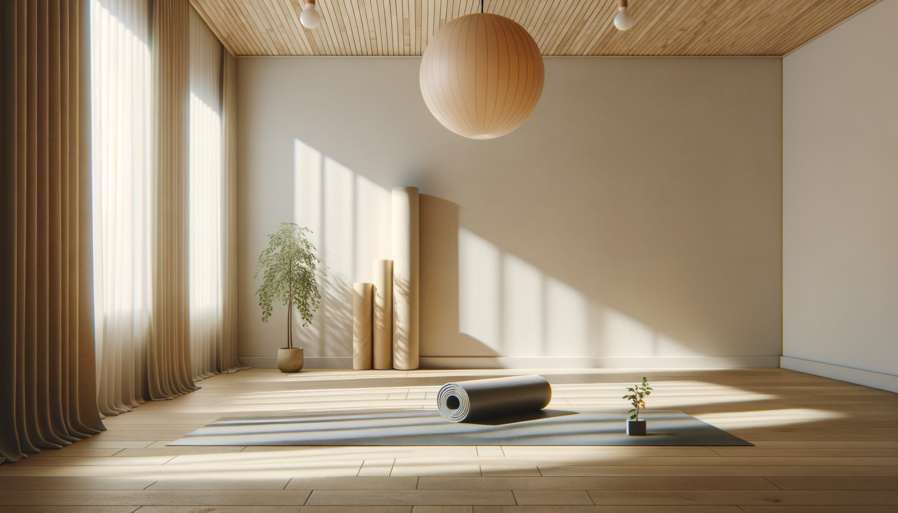 A minimalistic yoga studio with wooden floors, beige walls, and a slatted ceiling. Sunlight streams through large curtains, casting shadows. There is a yoga mat with a rolled-up towel, a small plant in a black pot, a tall potted plant, and three cylindrical props standing against the wall, topped with a round paper lantern hanging from the ceiling.