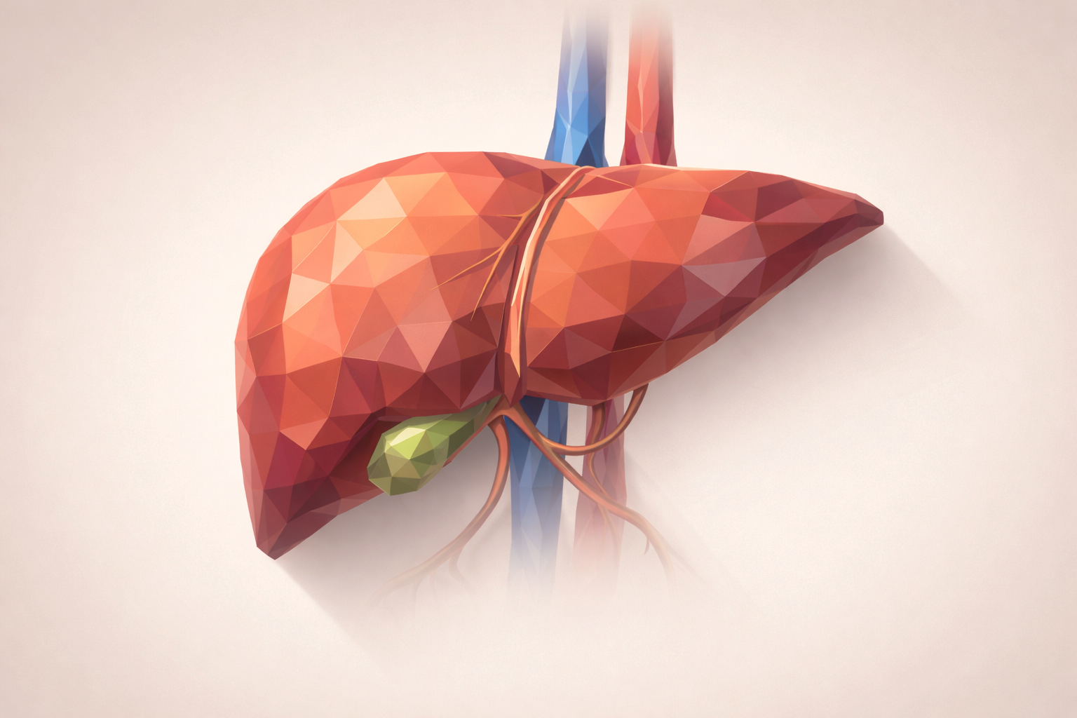 Low-poly illustration of a human liver with blood vessels and a gallbladder.