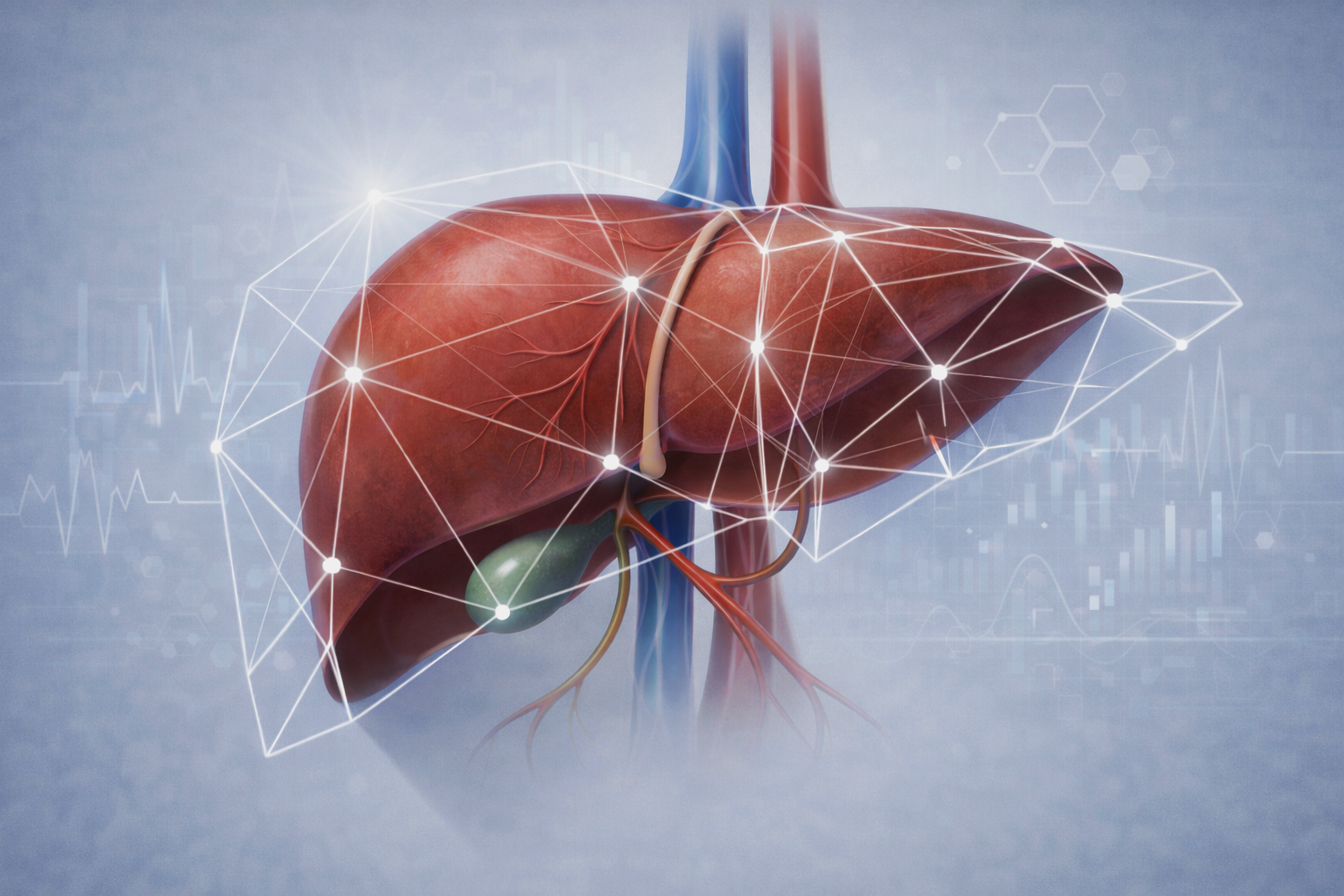Digital illustration of a human liver with network connections, blood vessels, and informational graphics in the background.