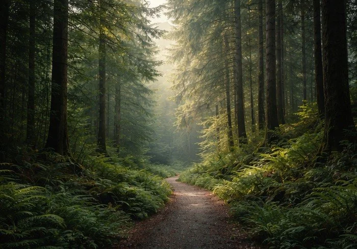A dirt trail winding through a lush green forest with tall trees and sunlight filtering through the canopy.