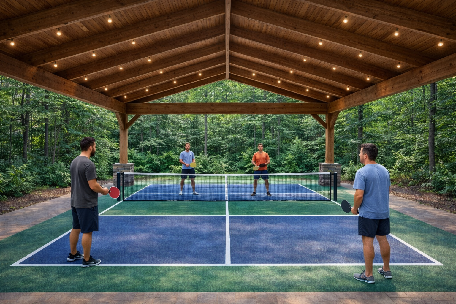 Four men playing pickleball on an outdoor court surrounded by trees, with a wooden pavilion overhead and string lights.