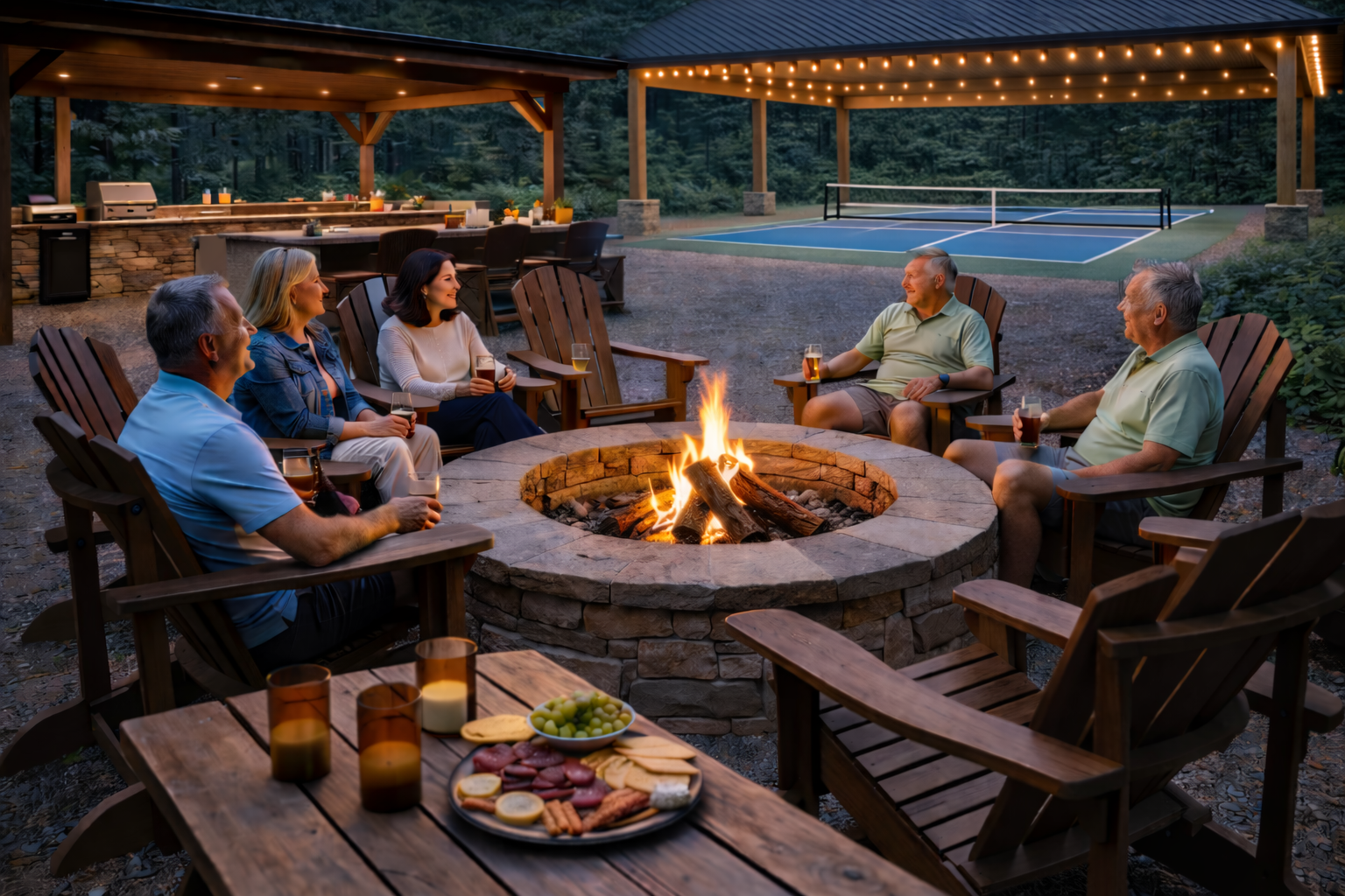 Group of six people sitting around a fire pit, enjoying drinks and conversation, with a lit outdoor bar and a pickleball court in the background at dusk.