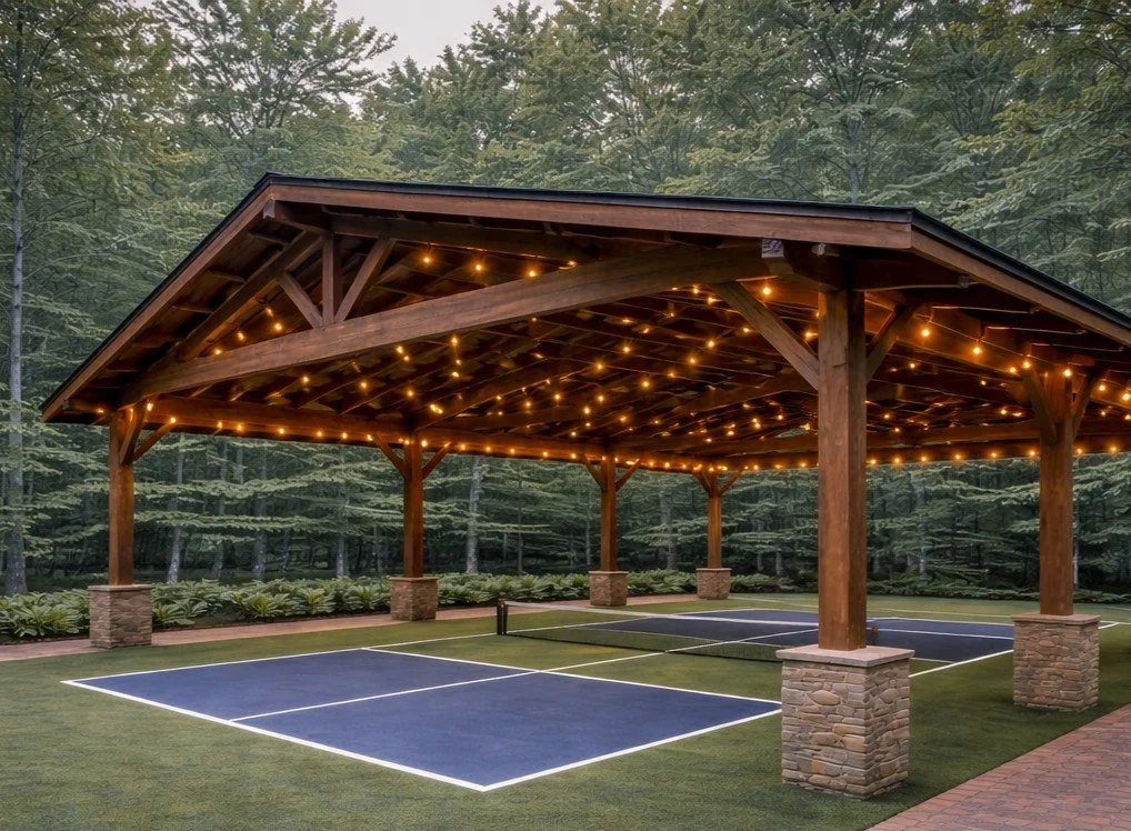 Outdoor pickleball court with a wooden pavilion and string lights, surrounded by trees.