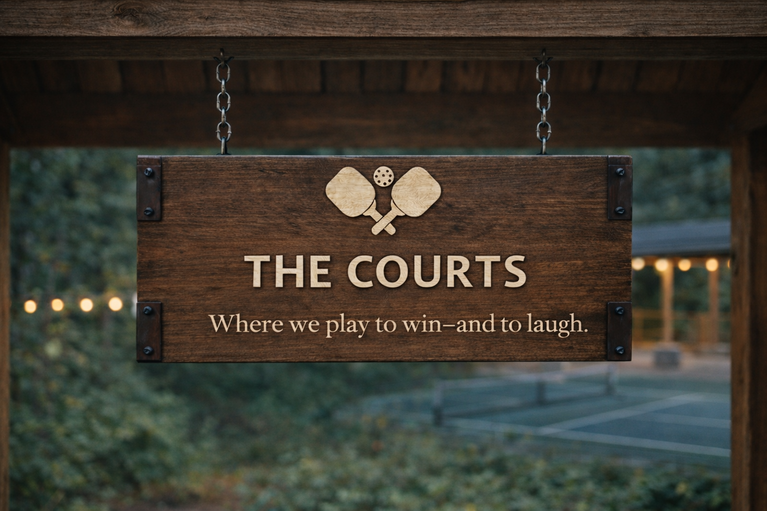 Wooden sign with ping pong paddles and ball icon, reading 'The Courts. Where we play to win—and to laugh,' hanging outdoors near a tennis or pickleball court with trees and string lights in the background.