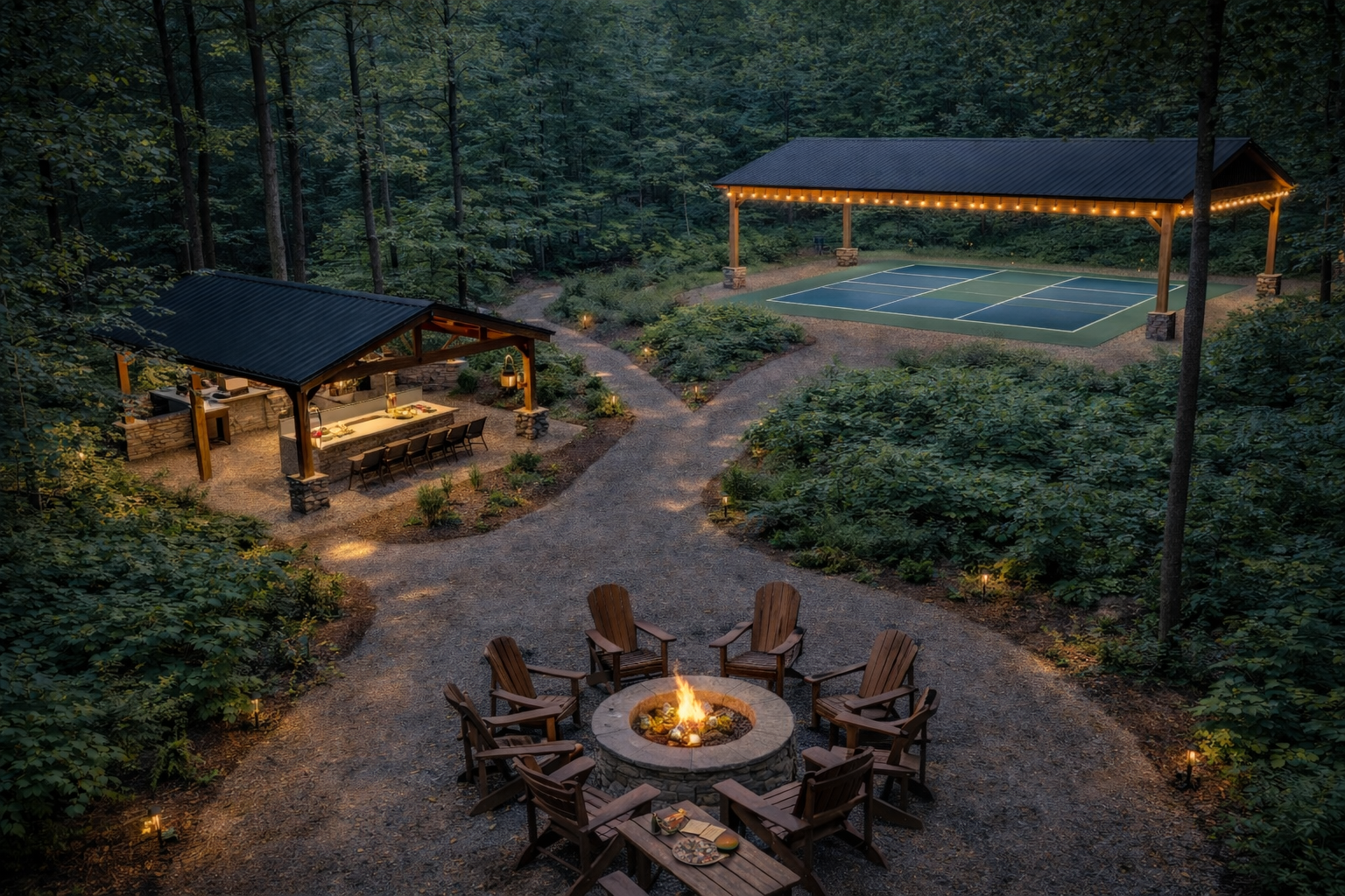 An outdoor gathering area with a fire pit surrounded by chairs, a covered dining area with a long table, string lights, a pickleball court, and a gravel pathway in a wooded setting at dusk.