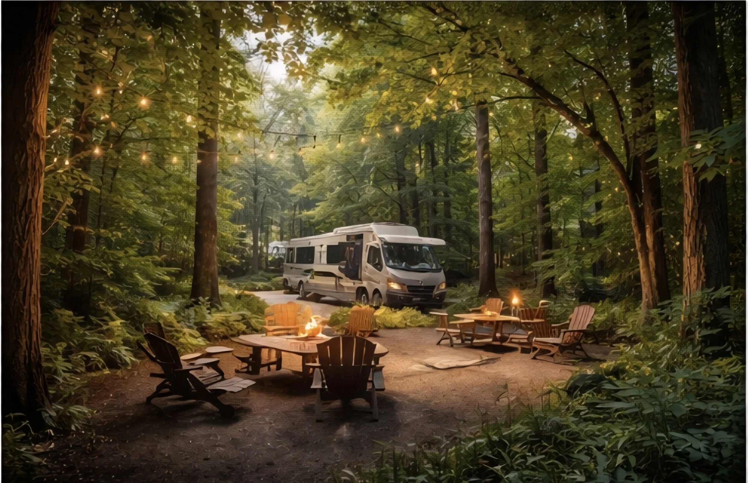 A cozy outdoor campsite in a forest with a large RV, surrounded by tall trees and string lights, with a fire pit and several wooden Adirondack chairs arranged for a gathering at dusk.