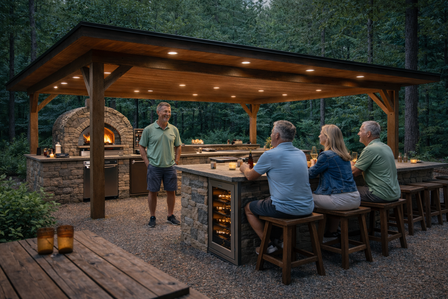 A group of four people sitting on barstools at an outdoor kitchen and bar area in a wooded backyard during evening, enjoying drinks and conversation while a man stands and talks.
