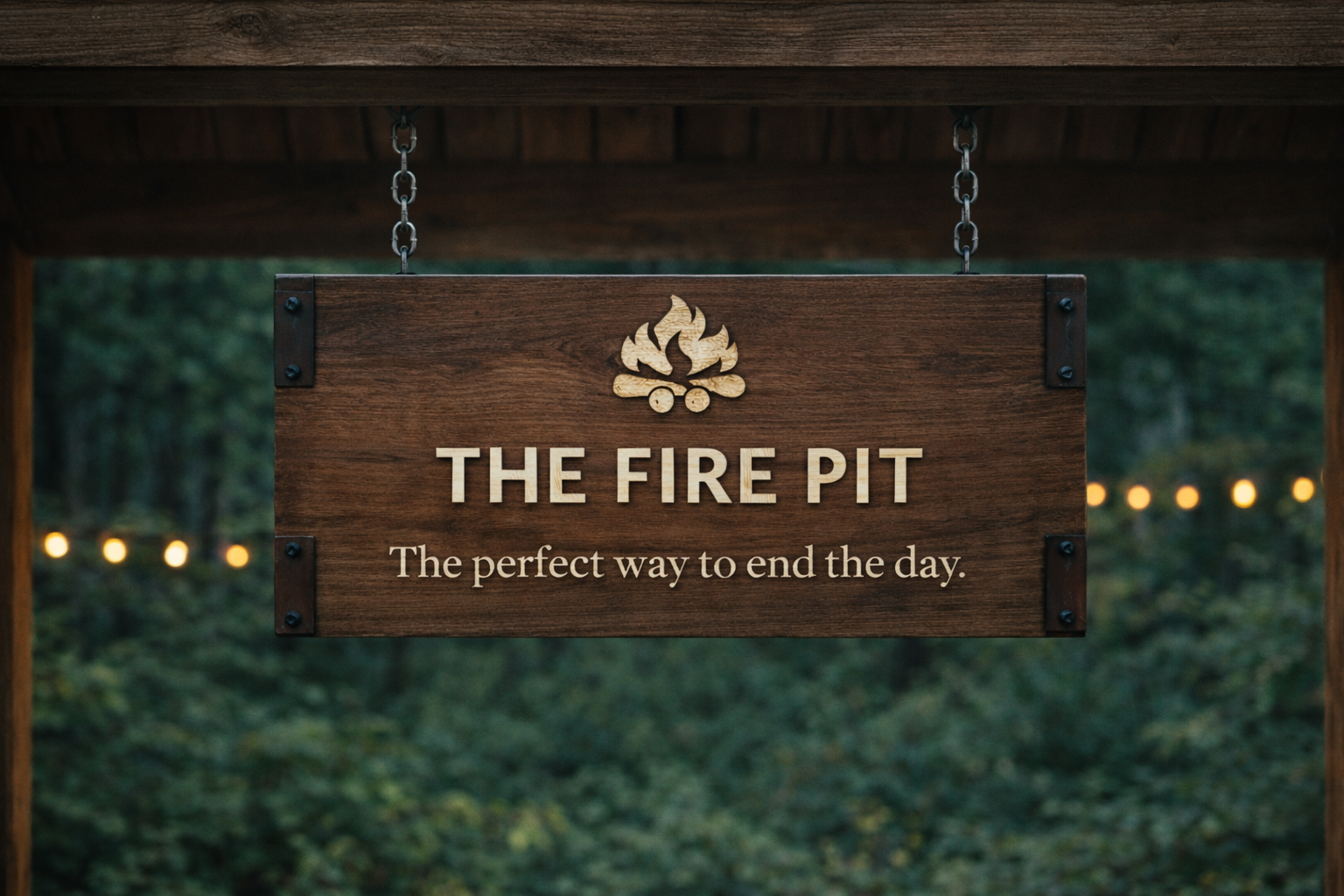 Wooden sign hanging from chains reading 'The Fire Pit' with a fire graphic, and a tagline 'The perfect way to end the day.'