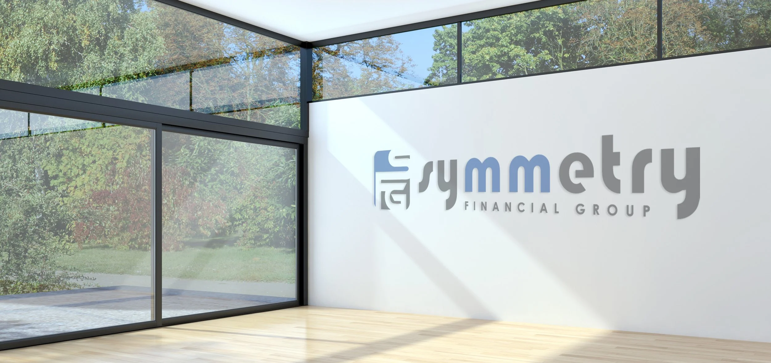 Interior of a modern office with large glass windows showing trees outside, white wall with the logo and name 'Symmetry Financial Group' in blue and gray letters.