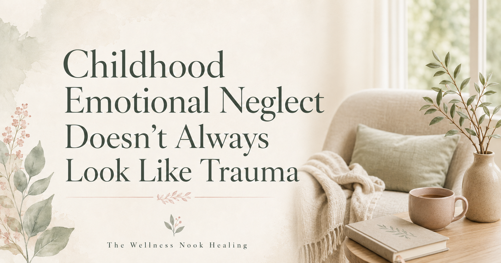 Cozy empty chair beside a journal and cup of tea with the words “Childhood Emotional Neglect Doesn’t Always Look Like Trauma.”