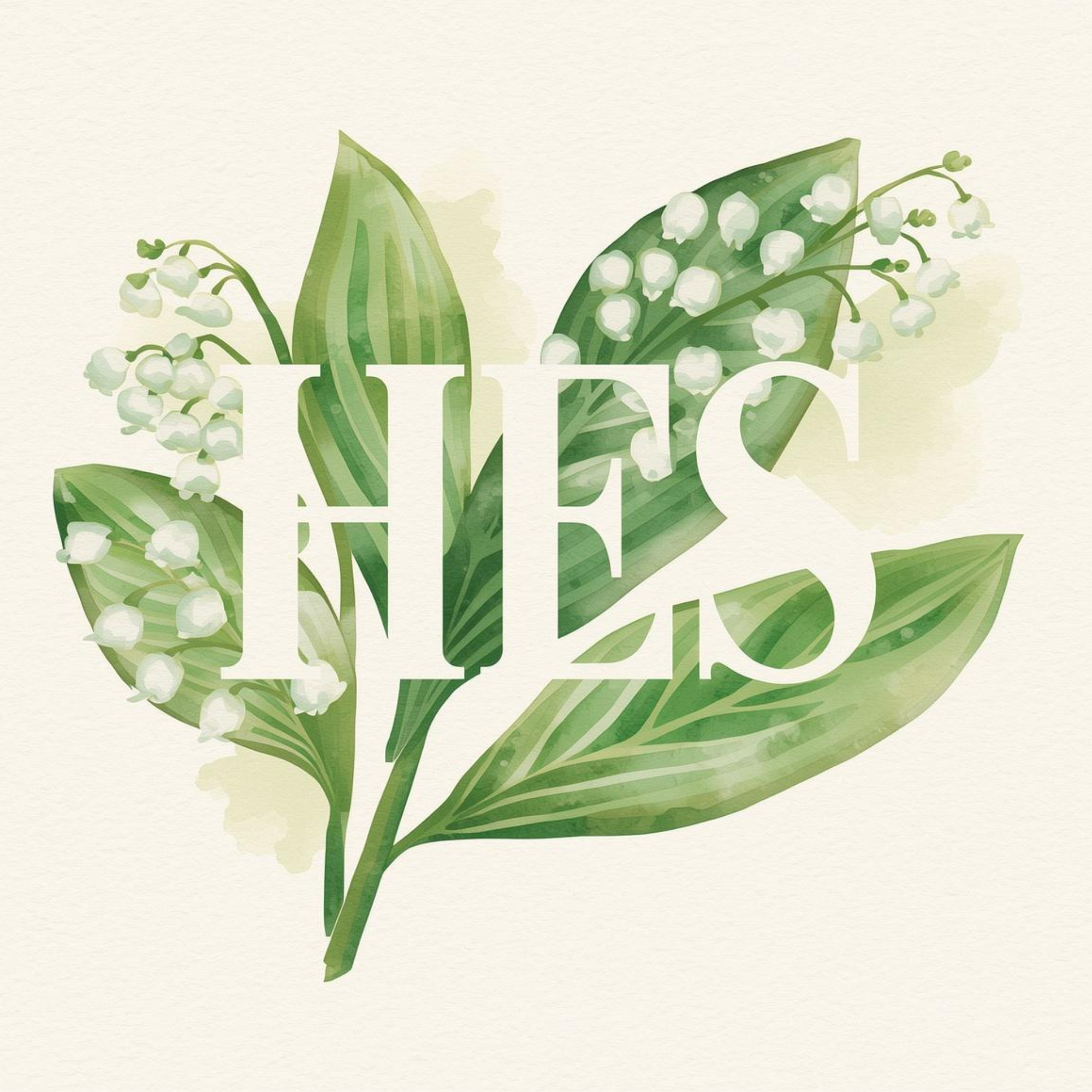 Watercolor illustration of lily of the valley flowers and green leaves with partial overlay of the word 'love' in white text.