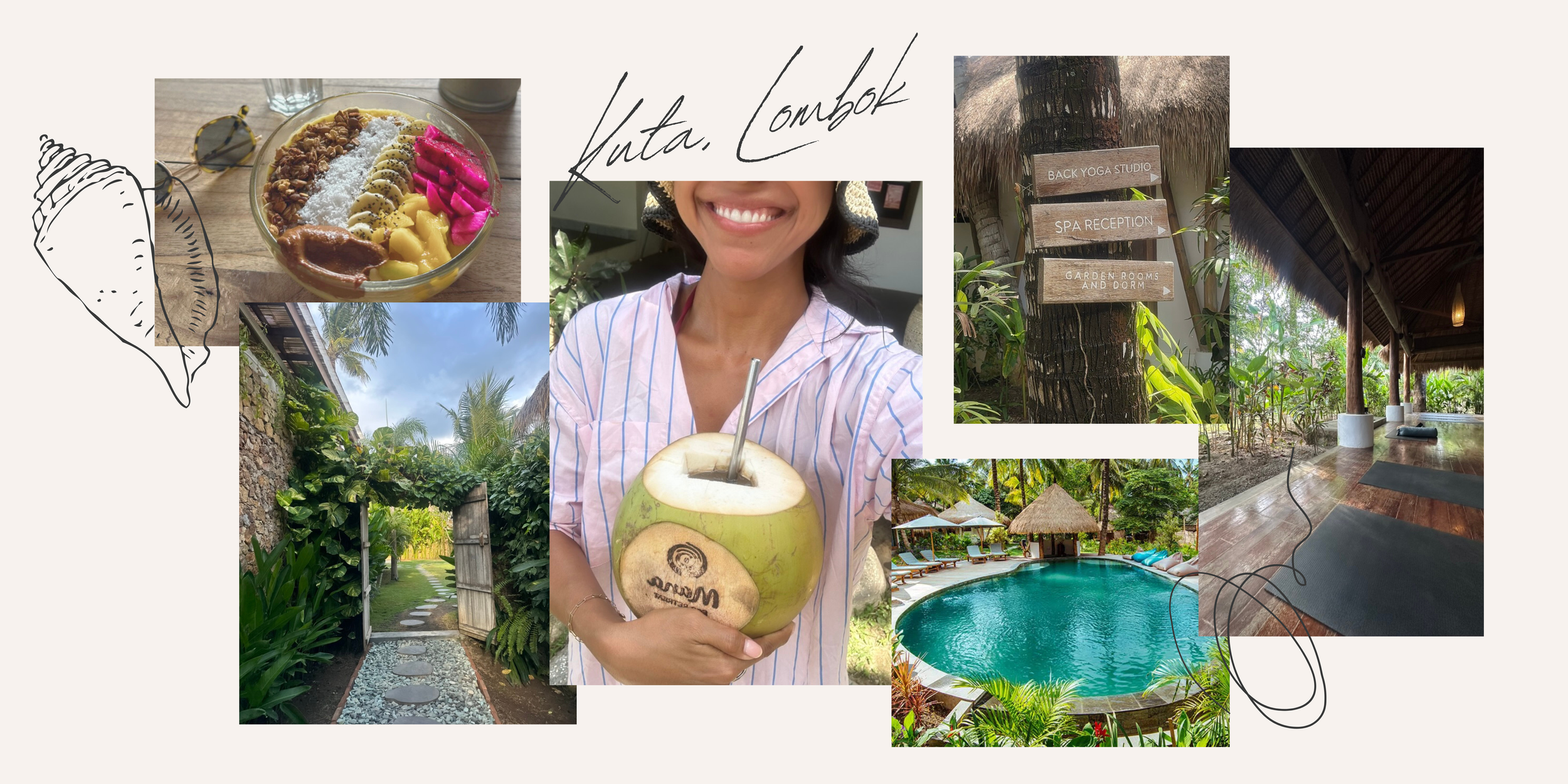 Collage of Mana Eco Retreat, Coconut, a Yoga Shala, Smoothie Bowl