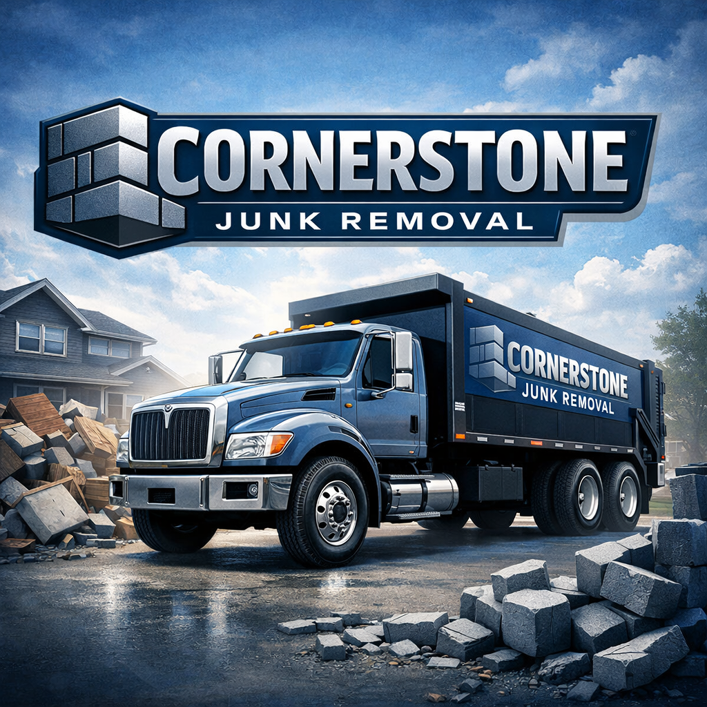 A blue junk removal truck with the logo 'Cornerstone Junk Removal' parked on a street with debris and broken bricks, a house, and a cloudy sky in the background.