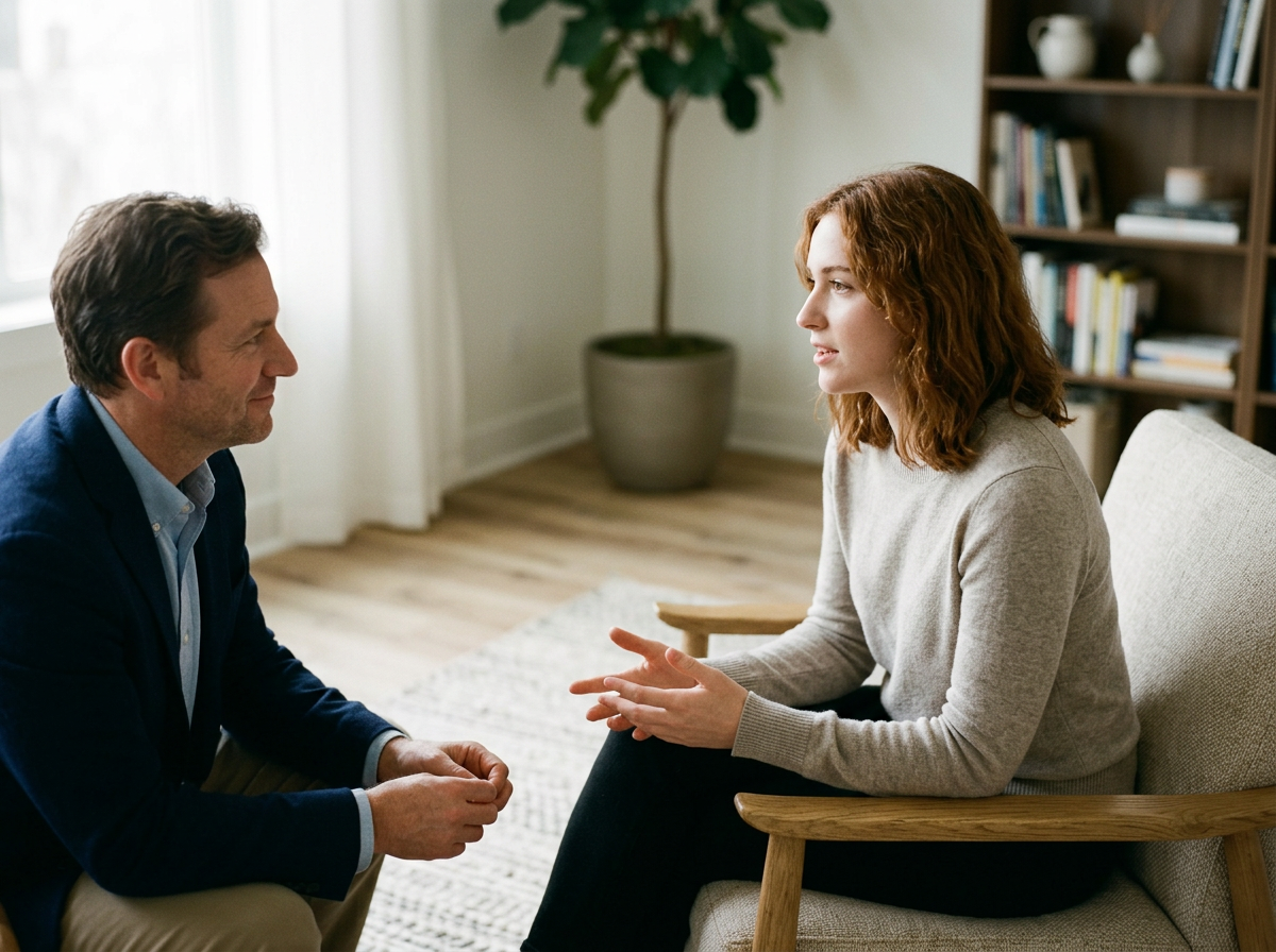 Two people having a serious conversation in a cozy living room, sitting face to face, with bookshelves and a potted plant in the background.