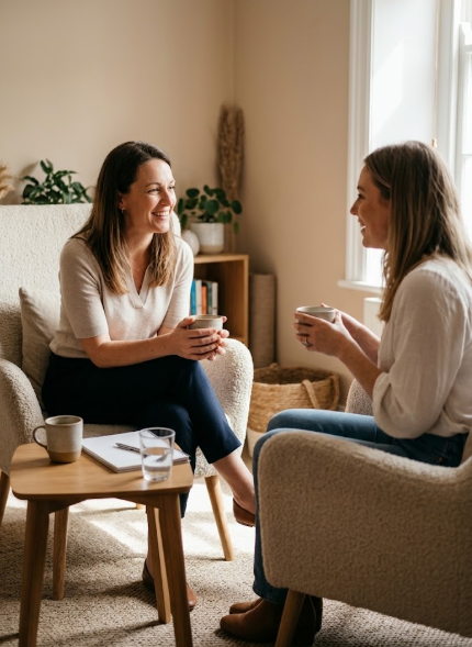 Two women sitting on armchairs in a cozy living room, chatting and smiling, holding mugs, with a small wooden table between them.