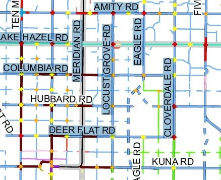 A detailed street map showing roads like Amity Rd, Hazel Rd, Columbia Rd, Hubbard Rd, Deer Flat Rd, and Kunad Rd, with color-coded lines representing different types of roads and intersections.
