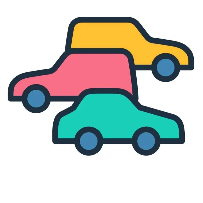 Illustration of three colorful toy cars stacked on top of each other with bold outlines.